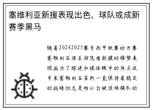 塞维利亚新援表现出色，球队或成新赛季黑马