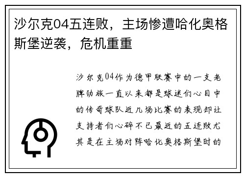 沙尔克04五连败，主场惨遭哈化奥格斯堡逆袭，危机重重